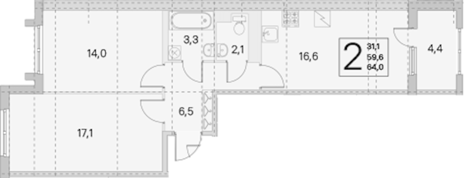 2-комнатная квартира 59.6 м², 3/5 эт., ЖК «ЮгТаун. Олимпийские кварталы»